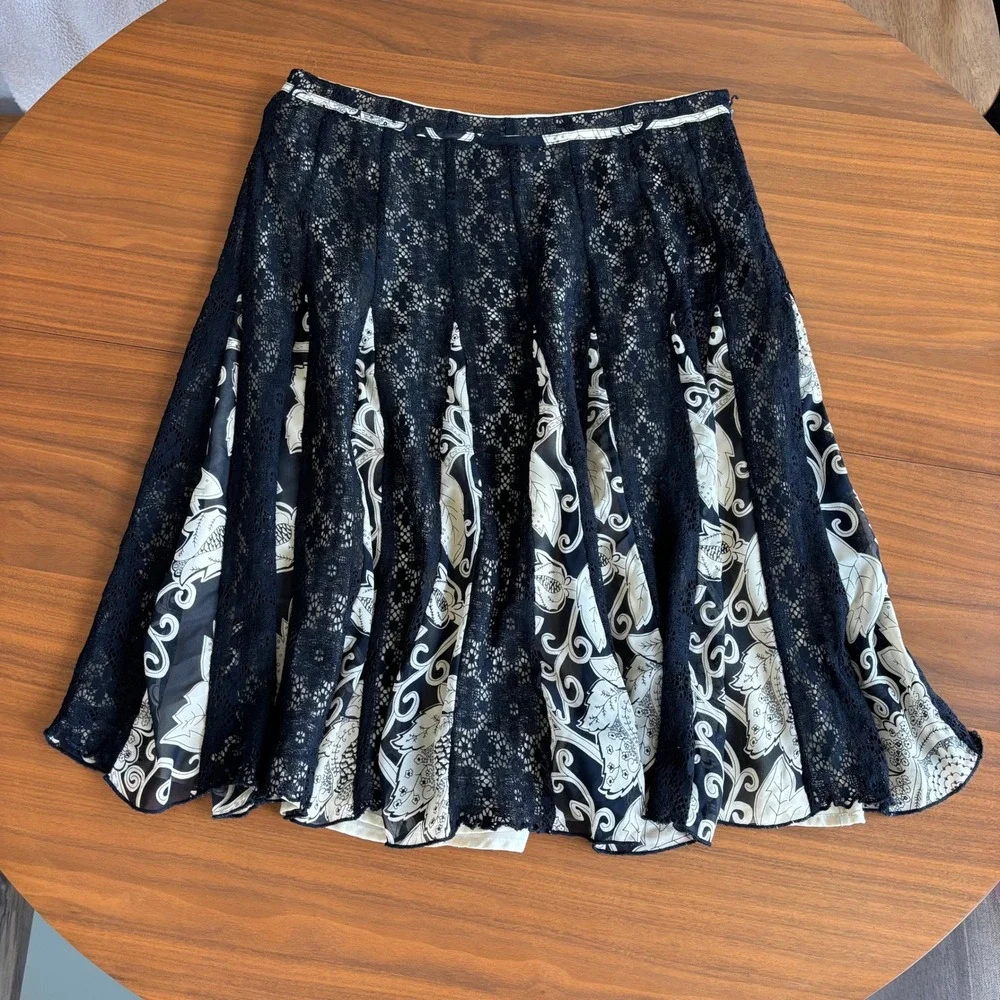 Y2K Vintage Bandolino Midi Skirt 10 Black Floral Lace Whimsigoth Fairy Boho Chic